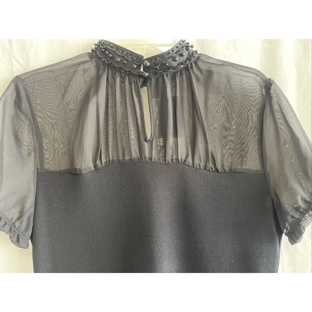 Holiday Black Ruffle Beaded Neck Chiffon Blouse Kenar Womens Size Large